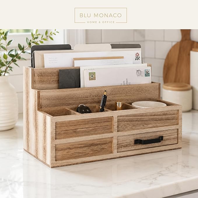 BLU MONACO | Natural Wood Mail Organizer with Drawer & Pen Holder | Rustic Desk Organizer for Bills, Letters & Countertop Storage | Wooden Desktop Mail Sorter for Home & Kitchen - Image 4