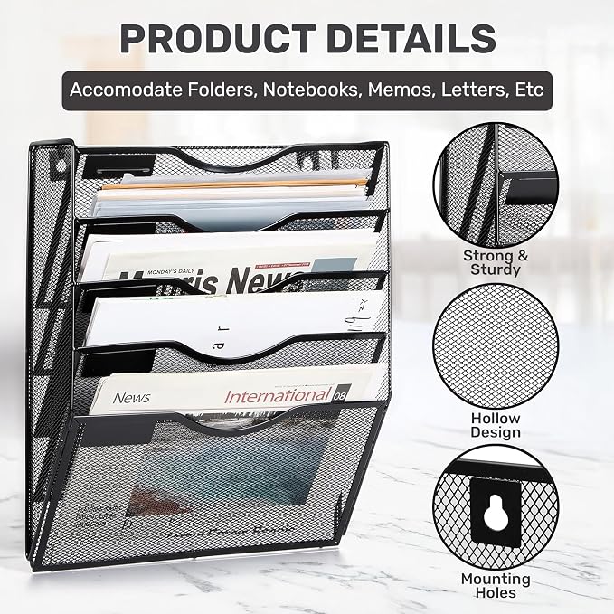 ZYLEN Wall File Holder – Sleek Black Metal Organizer for Documents and Folders, Home, and Classroom – Compact and Stylish Storage Solution for Papers, Folders, and Files (38 x 32 x 10 cm) - Image 5