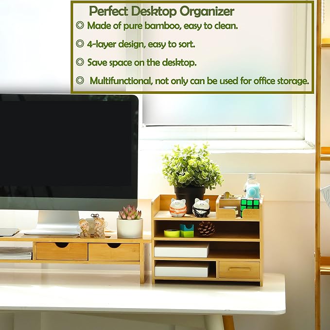 Bamboo Desktop Organizer with Drawers, Tabletop Storage Organization Box for Office Home Toiletries Supplies, 4 Tiers - Image 2