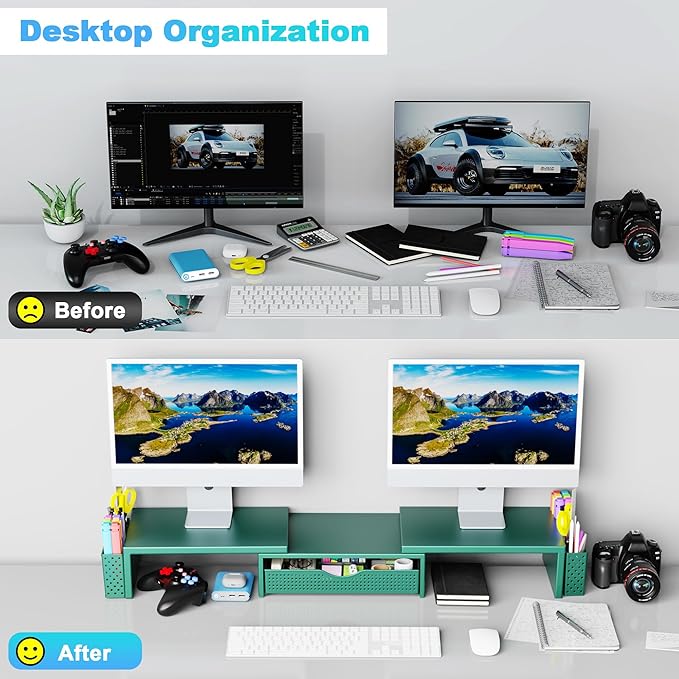 Spacrea Metal Desk Organizers and Accessories, Dual Monitor Stand Riser with Drawer and 2 Pen Holders, Desk Accessories & Workspace Desktop Organizers for Office Supplies (Dark Gree) - Image 3
