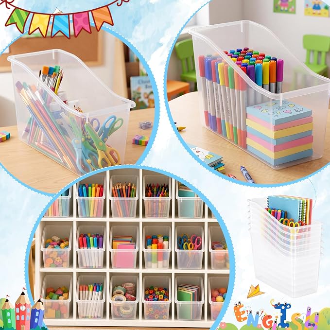 24 Pcs Book Bins for Classroom Plastic Binder Holder Magazine Stuff Folder File Organizer Box for Home Office School Supplies (Clear) - Image 6