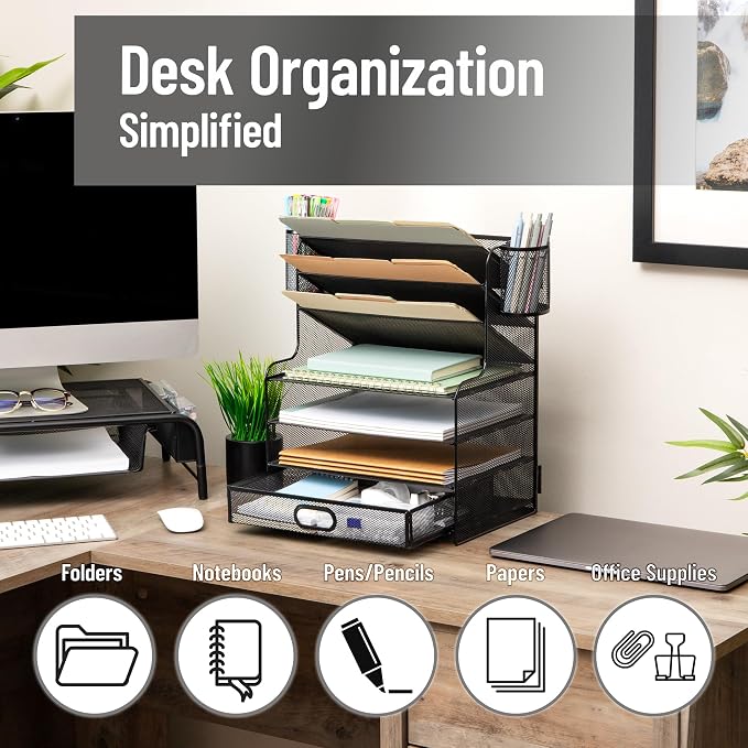 Mind Reader Mesh Desk Organizer, 6 Compartments, 1 Drawer, 2 Pen Cups, Office Desktop Organizer, Metal Mesh, Black - Image 2
