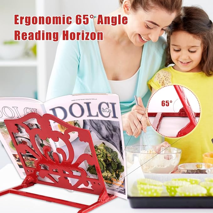 Cookbook Stand, Cast Iron Heavy-Duty Recipe Book Holder, Kitchen Vintage Recipe Book Holder, Reading Rest Holder for Easel/Counter/Books/Magazine/iPad/Bible Red - Image 4