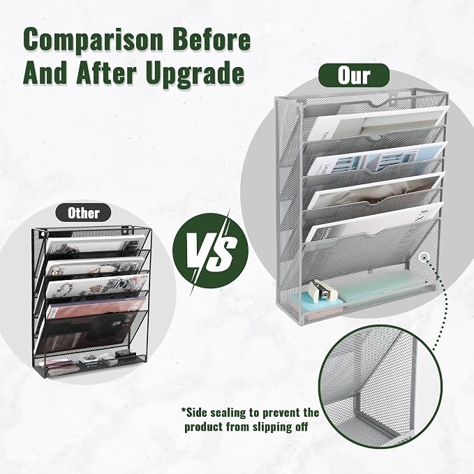 6 Tier Mesh Hanging Wall File Organizer, Desk Vertical Mail Paper Document Folder Holder Rack with Bottom Tray and Nametag Label for Office Home School, Gray - Image 3