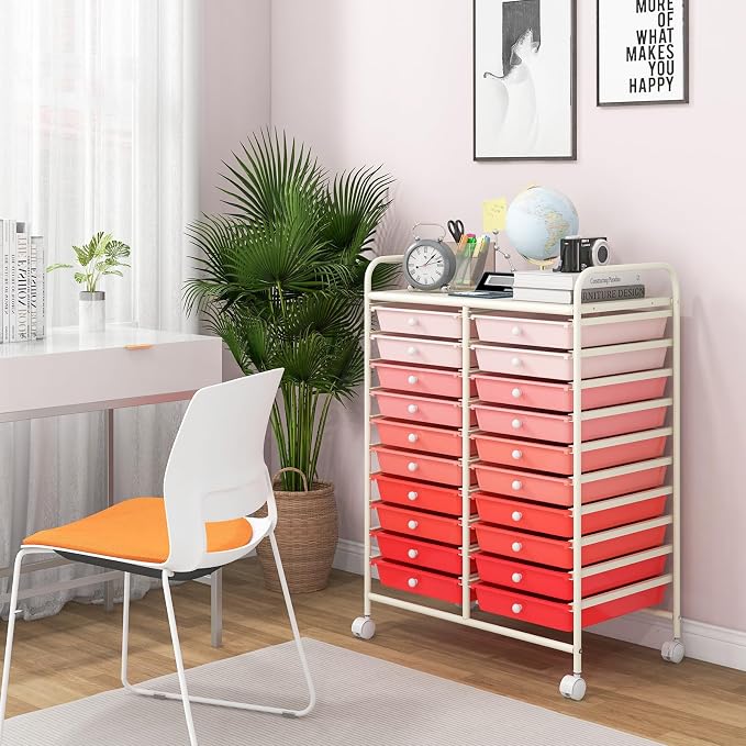 Giantex 20 Drawers Rolling Cart, Mobile Storage Drawer Cart, Classroom Organizer Cart for Office School Supplies Teacher Tools Paper Craft Small Printer, Utility Cart on Wheels, Gradient Pink - Image 5