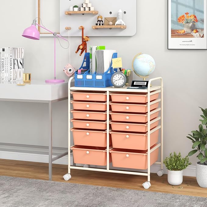Moccha 12-Drawer Rolling Storage Cart - Utility Cart on Wheels with Lockable Casters for Craft Art Supply Paper Salon, Mobile Drawer Carts for Classroom Teacher School Office (Peach) - Image 9
