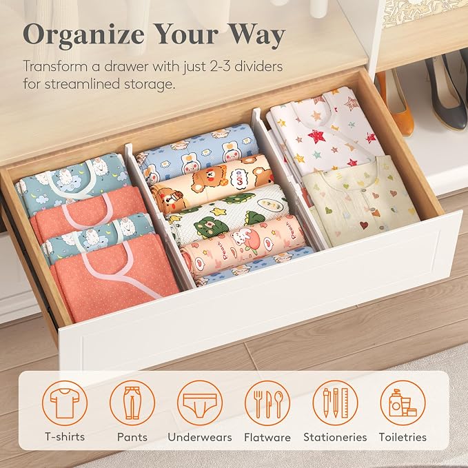 Lifewit 5" Tall Drawer Dividers, Adjustable Deep Drawer Organizer Clothes | 5 Pack 11.5"-18.5" Expandable White Plastic Separators for Dresser, Kitchen, Cabinet, Closet, Office Organization & Storage - Image 10