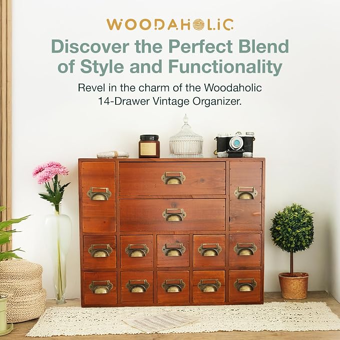 14-Drawer Apothecary Cabinet - Index Card Organizer - Miniature Chest of Drawers - Brass Handle Organizer - Kids' Arts and Crafts Storage - Wooden Desktop Drawer Organizer - Image 3