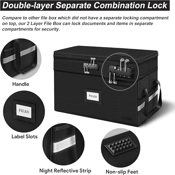 Large Fireproof Document Box with Lock, 2 Layer File Storage Organizer Box | Portable Office Collapsible File Storage with Reflective Strip & Handle for Hanging Letters, Legal Size Folder, Certificate - Image 7