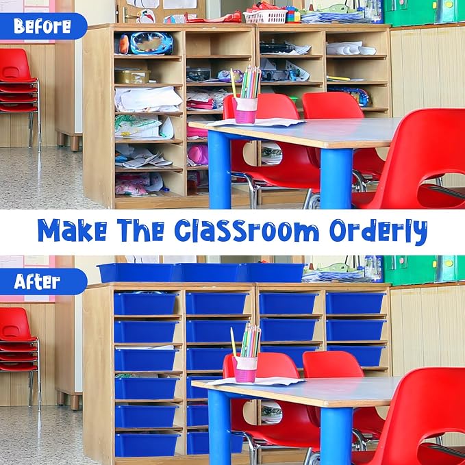 18 Pcs Flat Storage Organizer Bins Letter Size Paper Tray Classroom Storage Plastic Art Trays Classroom Pencil Organizer Baskets for School Office Teacher Book Organization(Blue) - Image 5