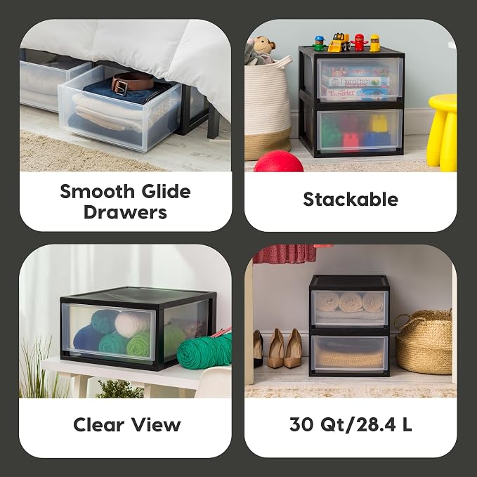 IRIS USA 2-Pack 30 Qt. Stacking Drawer Organizer with Sliding Drawer, Black | Organize clothing, accessories, office supplies, and household essentials around your home with easy access to stored items - Image 6