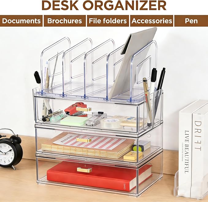 LALOBLUE Acrylic Desk Organizer with 4-Vertical File Holder Rack, 3-Clear Drawer and 2 Pen Holders, Desktop Storage for Office Desk Accessories School Classroom Organization (Clear) - Image 4