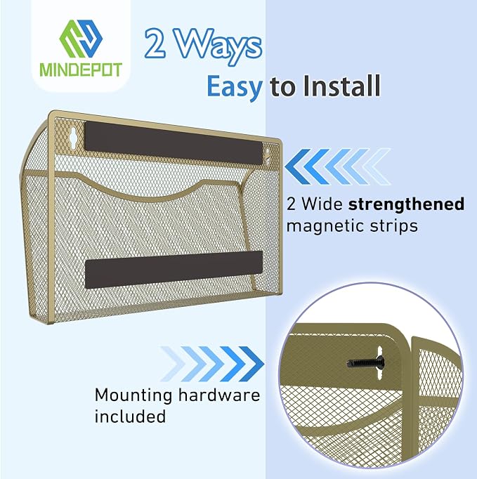 MINDEPOT Magnetic Wall File Organizer, Hanging File Holder, 3 Pack, Gold | Heavy Duty Iron, Powerful Magnet, Metal Mesh Wall Mount, Single Pocket, for Office School Classroom Home, Letter A4 Size - Image 4
