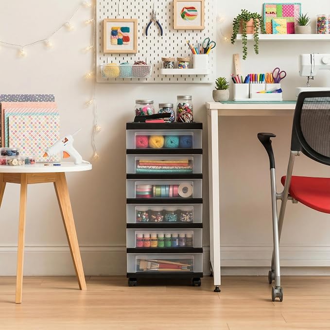 IRIS USA 6-Drawer Rolling Storage Cart, Black/Clear | Keep craft supplies, office essentials, classroom items, and accessories organized with easy-access drawers for daily use - Image 2