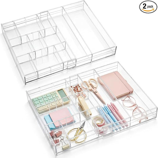 Briwooody 2 Pcs Acrylic Desk Drawer Organizer Maximum 11.8 x 17 x 1.9 Inch Expandable Drawer Organizer Trays with 7 Adjustable Compartments Desk Accessories for Makeup Silverware Office Bathroom by Briwooody