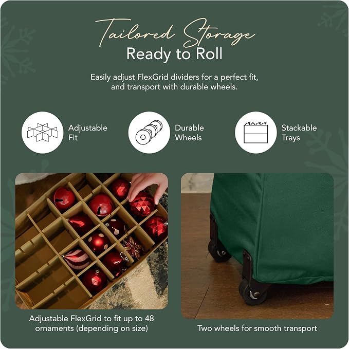 Covermates Keepsakes Rolling Adjustable Ornament Storage Bag – Heavy-Duty Polyester, FlexGrid Trays & Padded Dividers – Protective Holiday Organizer with Wheels, Handles & ID Window, Green - Image 5