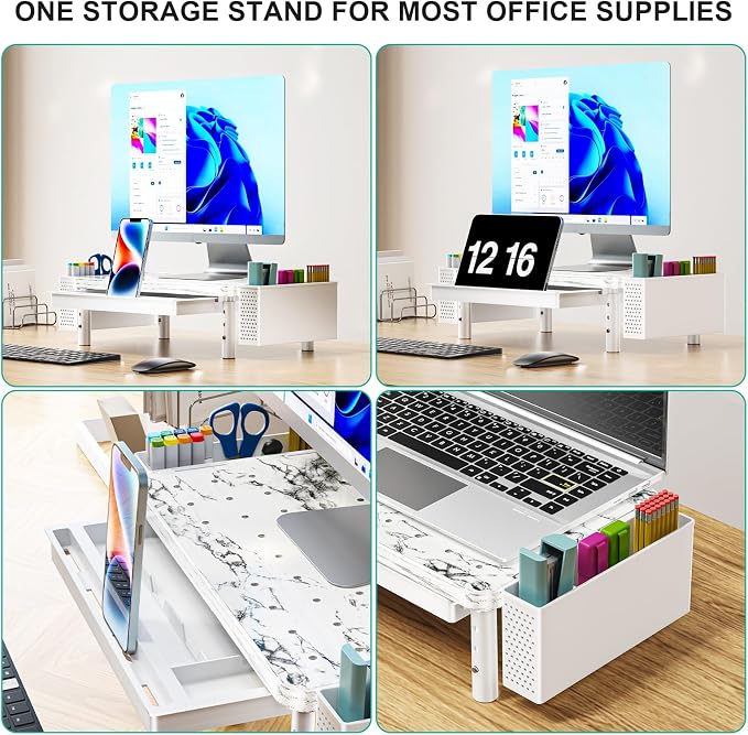 WALI Computer Monitor Stand with Storage, Desk Organizer with Drawer and Pen Holder, Desk Monitor Riser 3 Height Adjustable, Laptop Riser for Computer, Laptop, Printer(PTT003-M), 1 Pack, Marble - Image 4