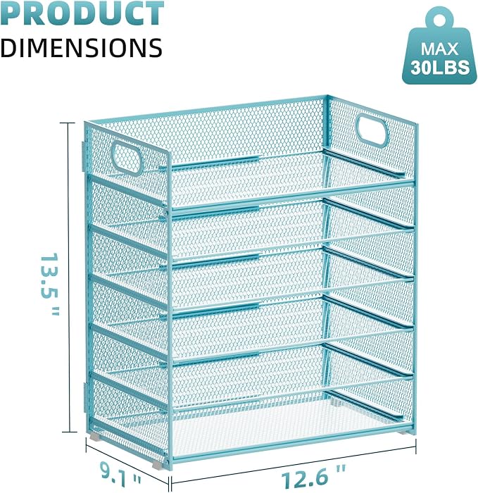 Marbrasse 6 Tier Paper Organizer Letter Tray - Mesh Desk File Organizer with Handle, Paper Sorter for Letter/A4 Office File Folder Holder -Blue - Image 3