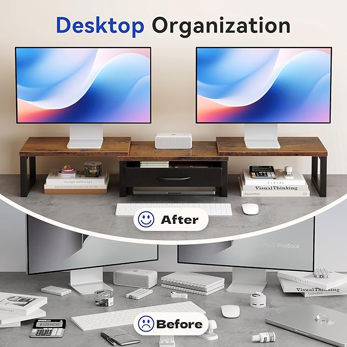 Desk Organizers and Accessories, Dual Monitor Stand Riser with Drawer, Computer Monitor Stand, Adjustable Desk Shelf for PC Laptop Printer TV, Brown - Image 3