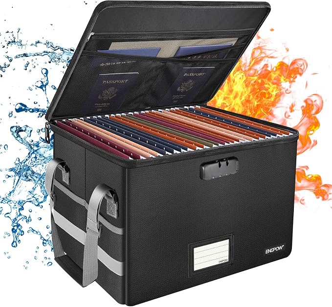 ENGPOW File Box with Lock,Fireproof Document Box with Zipper＆Pockets,Collapsible File Organizer Filing Storage Cabinet with Handle,Portable Home Office Safe for Hanging Letter/Legal Folder,Black by ENGPOW
