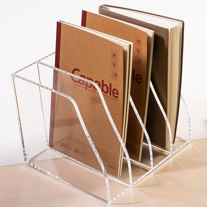 Acrylic Magazine File Holder, 4 Vertical Compartments Desk Document Sorter Organizer, Clear Folder Rack Binder for Office/Home/Classroom, for Documents, Tablet, Magazines, Books & Accessories - Image 8