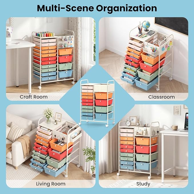 GOFLAME 14-Drawer Rolling Storage Cart with Pegboard, Craft Storage Cart with Lockable Wheels and Metal Frame, Art Cart Supply Storage Organizer for Home Office Classroom, Macaron Color - Image 9
