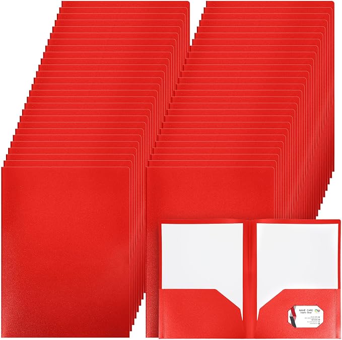 Patelai 50 Pack Plastic Folders with Pocket Bulk 2 Pocket Heavy Duty Letter Size Folders Business Card Holder for School Office File(Red Color) by Patelai