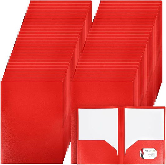 Patelai 50 Pack Plastic Folders with Pocket Bulk 2 Pocket Heavy Duty Letter Size Folders Business Card Holder for School Office File(Red Color) by Patelai