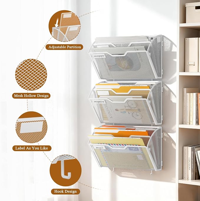 Docnest 3 Pack 3 Tier Mesh Wall File Holders with Hooks for Mail, White | Space-saving vertical design with utility hooks. Ideal paper document organizer for office, home, and school - Image 5