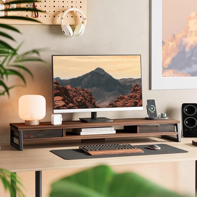 Fenge Dual Monitor Stand Riser, 42.5in Desk Shelf with 2 Drawers, Brown | 2-Tier Monitor Shelf for Desk, Storage Drawer with Stopper, Frosted, fit Home Office, Ultrawide Screen, PC, Laptop, TV - Image 2