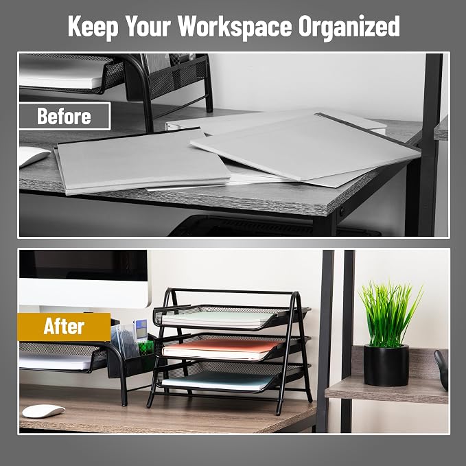 Mind Reader 3-Tier Paper Tray, Desktop Organizer, File Storage, Office, Metal Mesh, 11.75" L x 13.75" W x 10" H, Set of 2, Black - Image 5