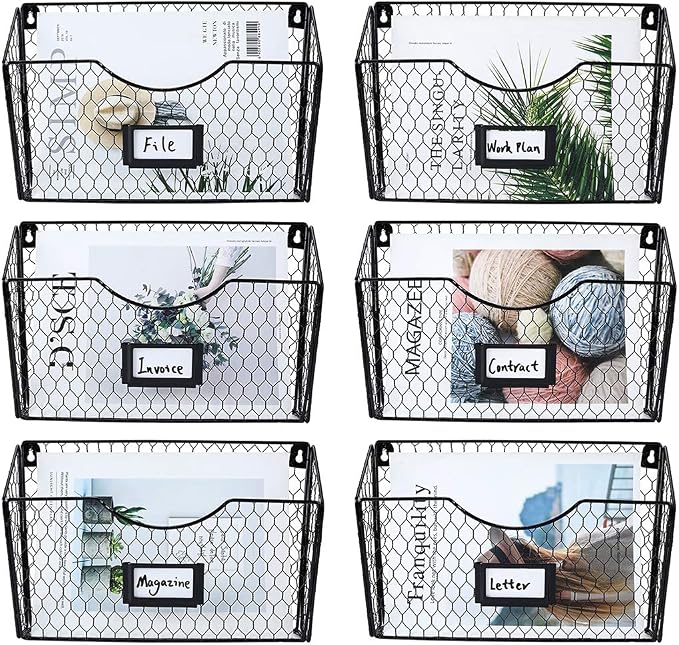 6 Pockets Hanging File Holder Wall Mount Mail Organizer Metal Chicken Wire Magazine Rack with Tag Slot, Black by PAG