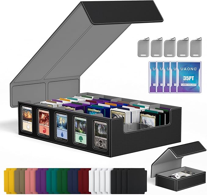 UAONO 5-Row Trading Card Storage Box with Commander Display, Black Grey | 3900+ Card Box with Removable Cover, Card Case Fits MTG TCG Sports Cards, 48 Dividers, 5 Stoppers, 5 Top Loaders, Dice Box by UAONO