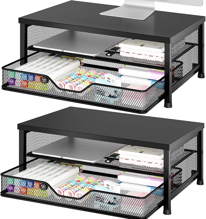 Computer Monitor Stand Riser, Desk Organizer with Drawer, Printer & Laptop Stand, Office Desk Accessories & Workspace Desktop Organizers Storage for Office Supplies(Black 2-Pack) by OPNICE