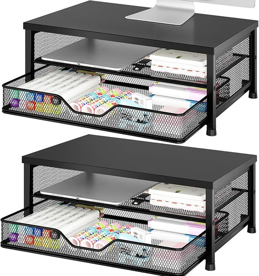 Computer Monitor Stand Riser, Desk Organizer with Drawer, Printer & Laptop Stand, Office Desk Accessories & Workspace Desktop Organizers Storage for Office Supplies(Black 2-Pack) by OPNICE