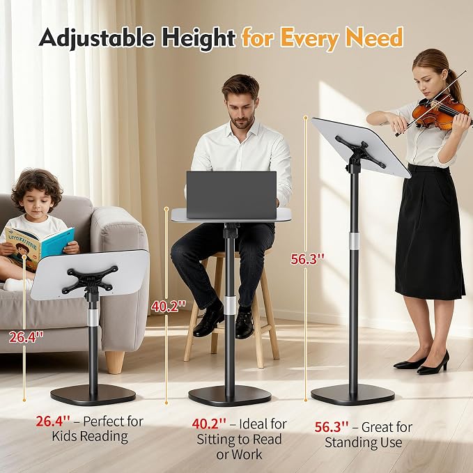 Floor Book Stand for Reading, Height Adjustable 26”-56”Music Stand | Reading Stand with Tilt Panel & Page Clips, Stable Weighted Base, Holds Books, Music Sheets & 15” Laptops - Image 2