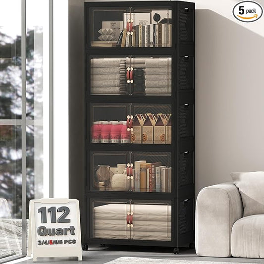560QT Lockable Plastic Storage Bins, 5 Pack Collapsible Cabinets | Stackable Organizer with Doors & Wheels, Foldable Containers for Bedroom, Dorm, Office & Garage Storage by UAMFURIDirect