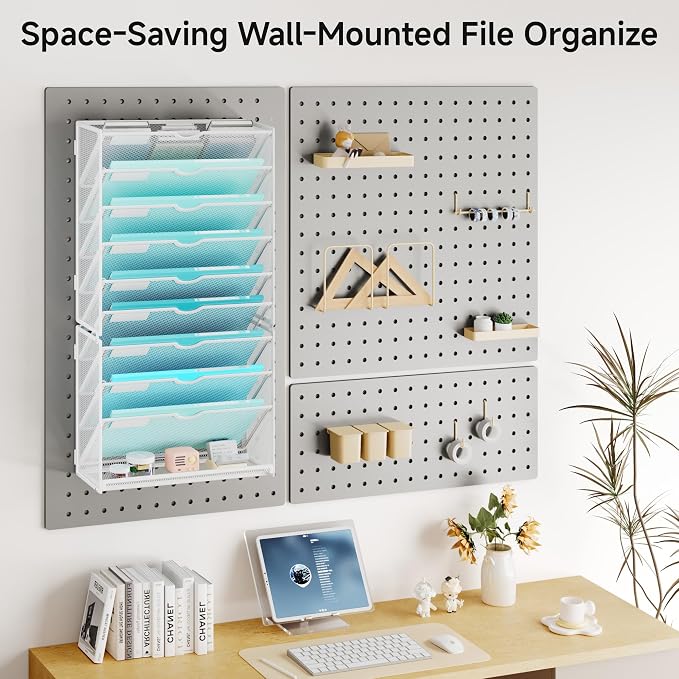 Lavatino 10-Tier Hanging Wall File Folders Organizer - White Metal Mesh Paper Magazine Document Mail Holder File Organizer for Office School Home Wall Mount or Desk Supplies Organization - Image 5