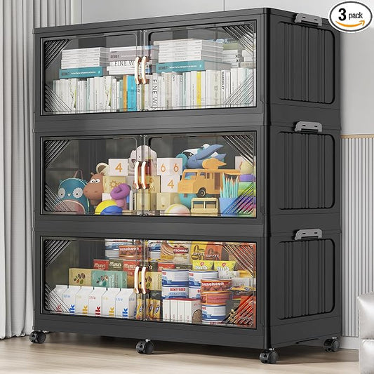 BROVIEW V60 660QT Plastic Stackable Storage Bins with Lid, 3Pack Black | 165Gal Extra Large Closet Organizers Collapsible Cabinets Boxes With Drawer, Foldable Container with 6x Wheels for Home by BROVIEW-EnjoytheArtofLife