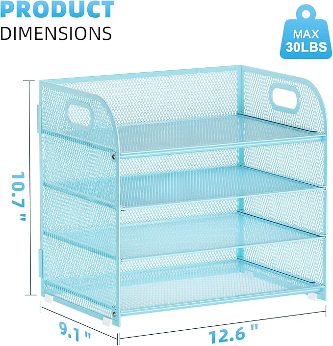 Marbrasse 4 Tier Paper Organizer Letter Tray - Mesh Desk File Organizer with Handle, Paper Sorter Organizer for Letter Office File Folder Holder (Blue, 12.6" x 9.1" x 10.7") - Image 3