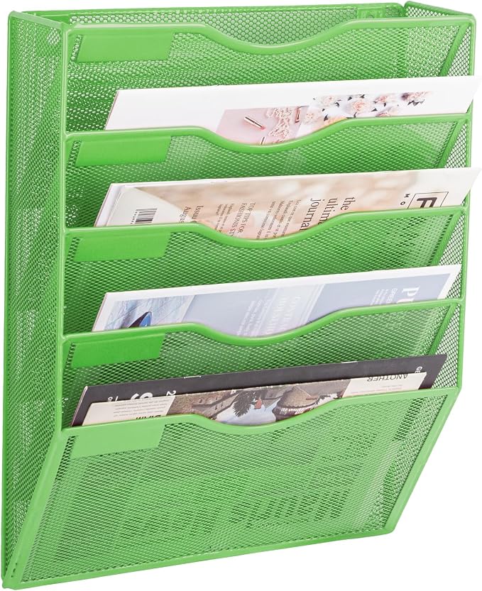 5 Pocket Mesh Hanging Wall File Organizer, Wall Mounted Mail Paper Document Folder Holder, Clipboard Storage Organization Magazine Rack with Nametag Label for Office Home School, Green by EASEPRES
