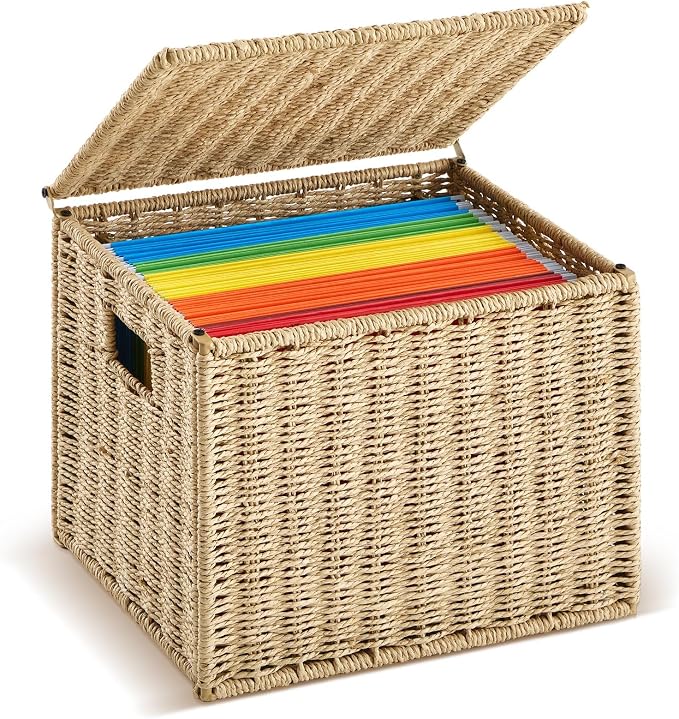 Jingmore 1 Pack Paper Rope File Box Organizers Collapsible Letter Size Filing Cabinet with Lid Woven Hanging File Basket Portable Decorative Document Storage Box for Office/Decor/Home (Letter Size) by Jingmore