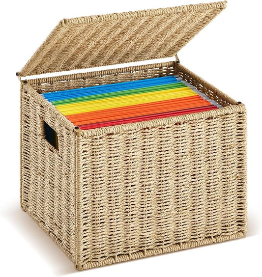 Jingmore 1 Pack Paper Rope File Box Organizers Collapsible Letter Size Filing Cabinet with Lid Woven Hanging File Basket Portable Decorative Document Storage Box for Office/Decor/Home (Letter Size) by Jingmore