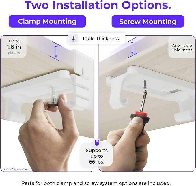 Original No Drill Under Desk Cable Management Tray 27.3" - Premium White Fabric Cable Management Under Desk - Clamp/Screw Mount Cord Organizer - Supports Upto 66lbs - Image 2