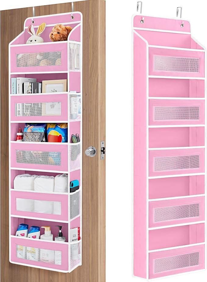 JARLINK Over the Door Organizer for Bedroom, Pantry, Bathroom, 5 Shelf Pink | Anti-Tilt Design, 44 lb Load Capacity, Hanging Door Organizer with 5 Large Capacity Pockets, Behind Door Storage for Nursery by JARLINK