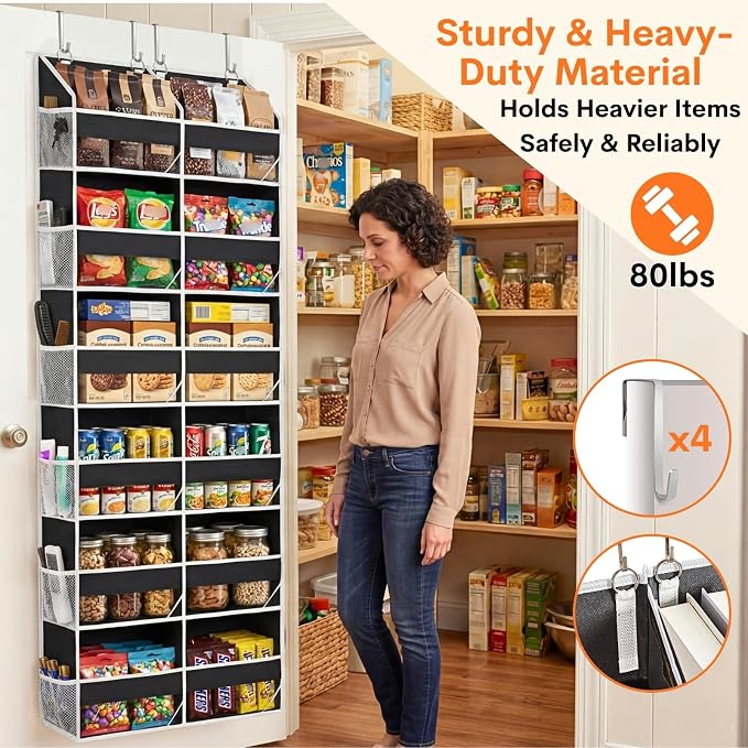 Over The Door Organizer 6 Tiers, Extra Large Behind Door Storage of 12 Compartments, 80 lbs Weight Capacity Hanging Storage Organizer with Clear Window Kids Toys, Shoes, Diapers, Room Storage,Black - Image 3