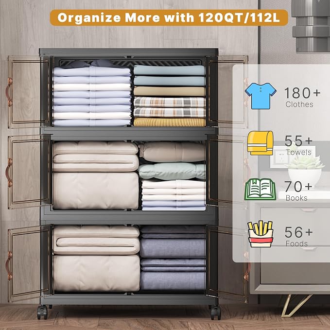 Stackable Storage Bins with Lids, 360QT Closet Organizers and Storage Cabinet with Doors & Wheels, Lockable Plastic Foldable Drawers for Bedroom Dorm Office Garage（120QT*3,Black） - Image 3