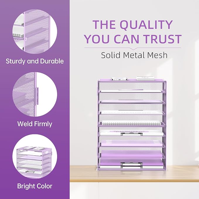 DALTACK 9-Tier Paper Letter Tray Desk Organizer with Handles, Mesh File Holder Organization, Paper Sorter Desk Organizer for Office Home School, Purple 2 Pack | Desk File Organizer with Removable Trays for Sorting Files, Folders, Mail and Printer Paper... - Image 3