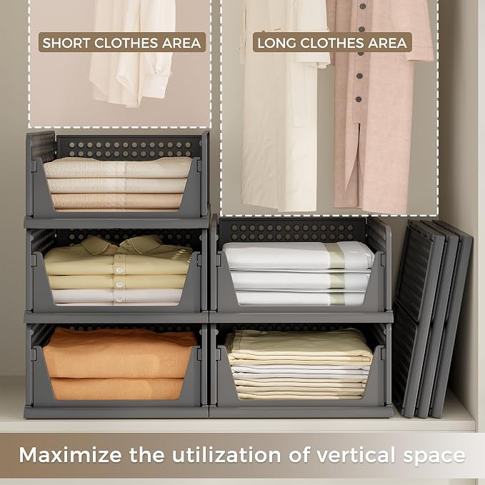 8 Pack Closet Organizer Storage Bins Stackable Plastic Drawer Shelf | Basket for Clothing Stackable Storage Bins Shelf Storage Container for Closet Wardrobe Bedroom Bathroom Office Grey Foldable - Image 3