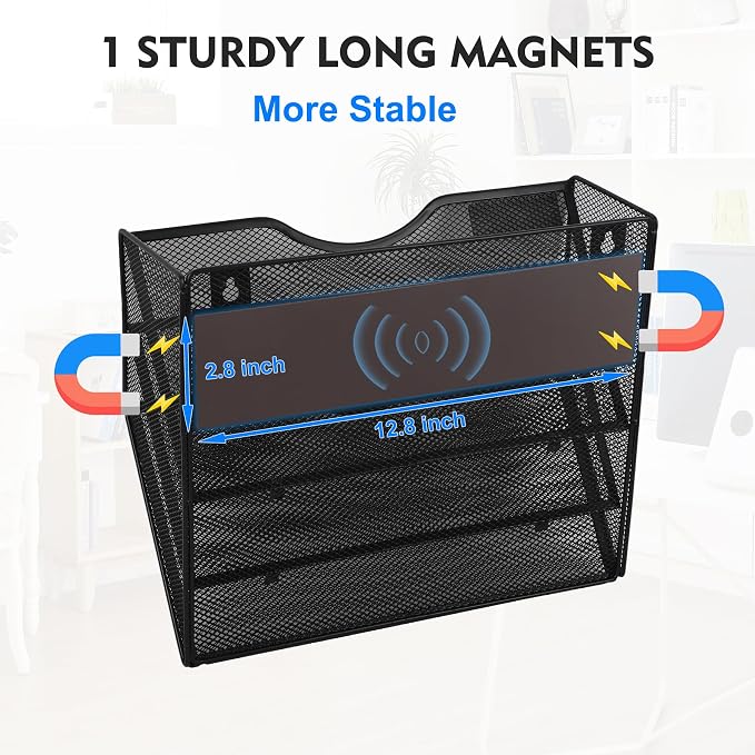 Magnetic 3 Pocket Mesh Hanging Wall File Organizer, Wall Mounted Mail Paper Document Folder Holder, Clipboard Storage Magazine Rack with Nametag Label for Office Home School, Black - Image 2